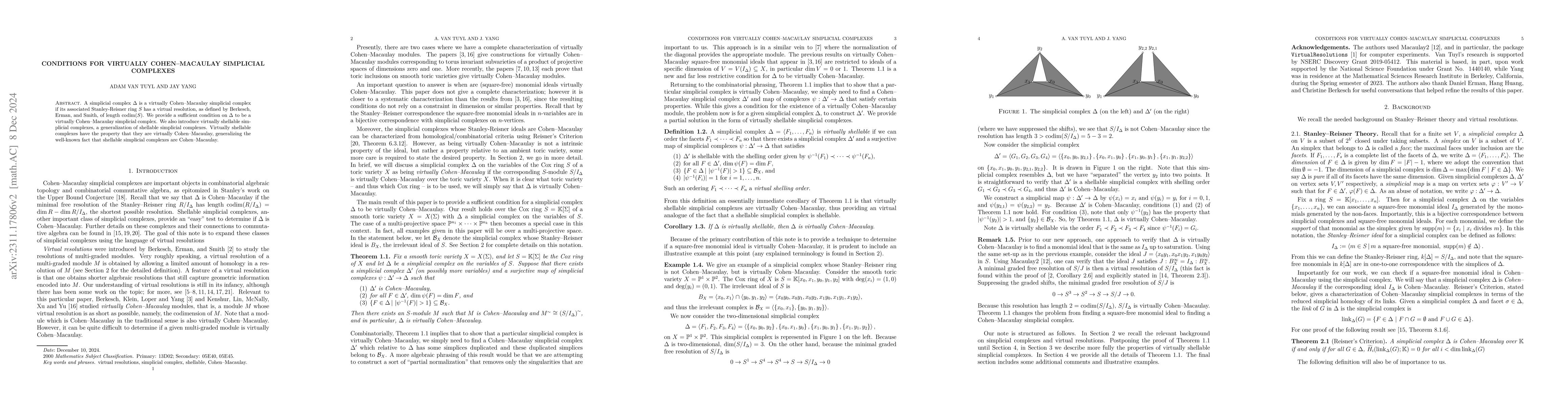 Thumbnail for Conditions for Virtually Cohen--Macaulay Simplicial Complexes