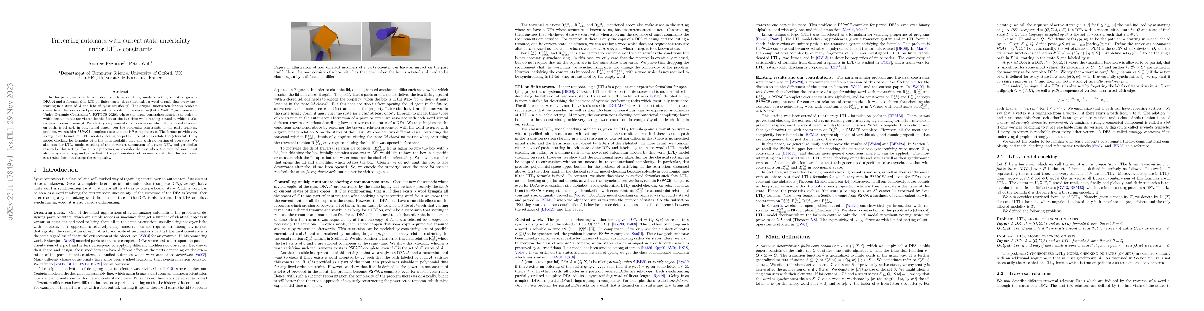 Thumbnail for Traversing automata with current state uncertainty under LTL$_f$
  constraints
