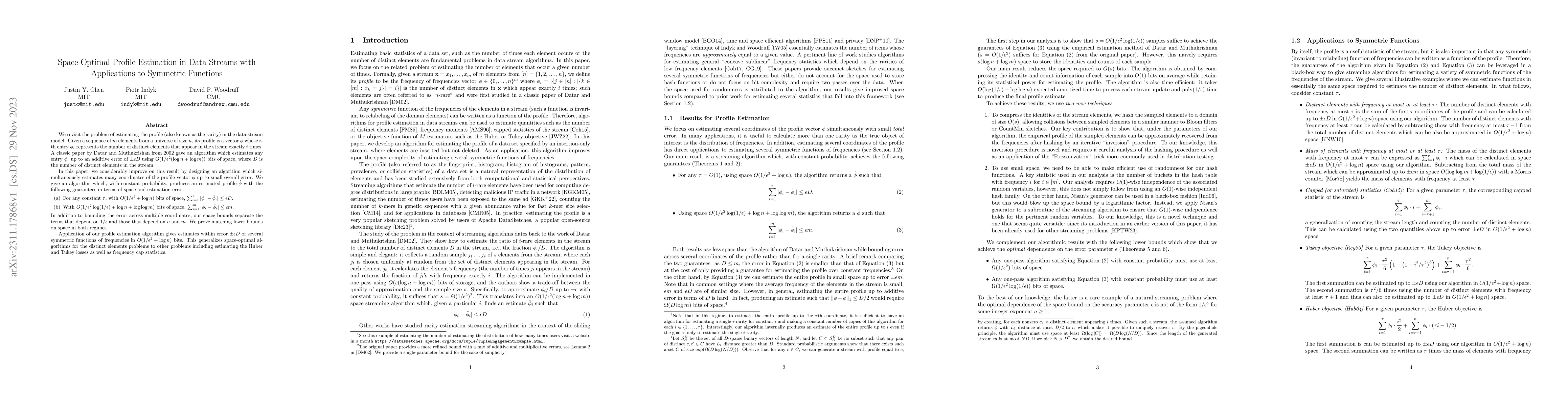 Thumbnail for Space-Optimal Profile Estimation in Data Streams with Applications to
  Symmetric Functions