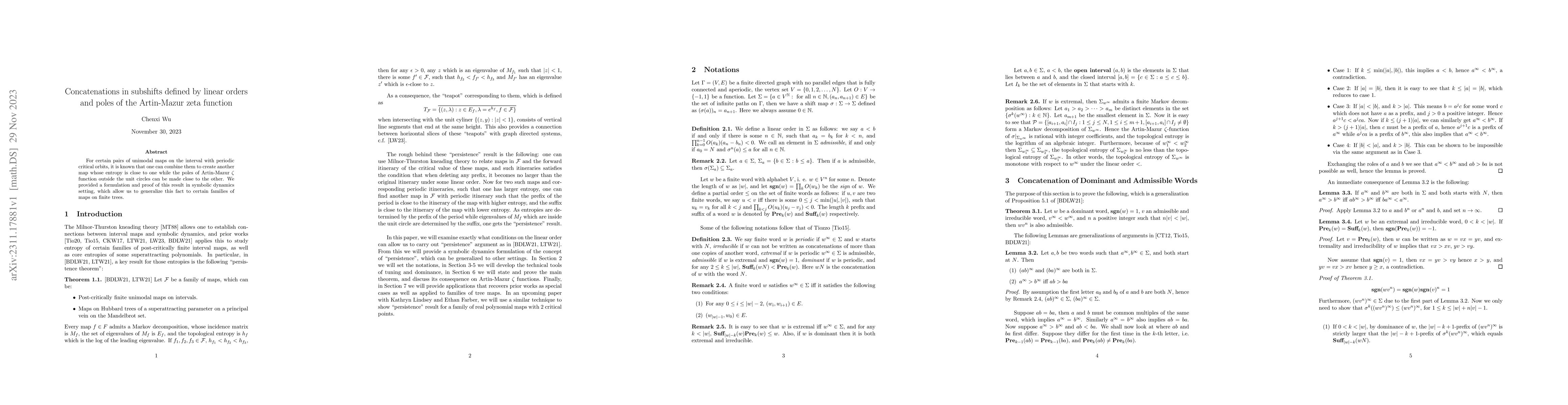 Thumbnail for Concatenations in subshifts defined by linear orders and poles of the
  Artin-Mazur zeta function