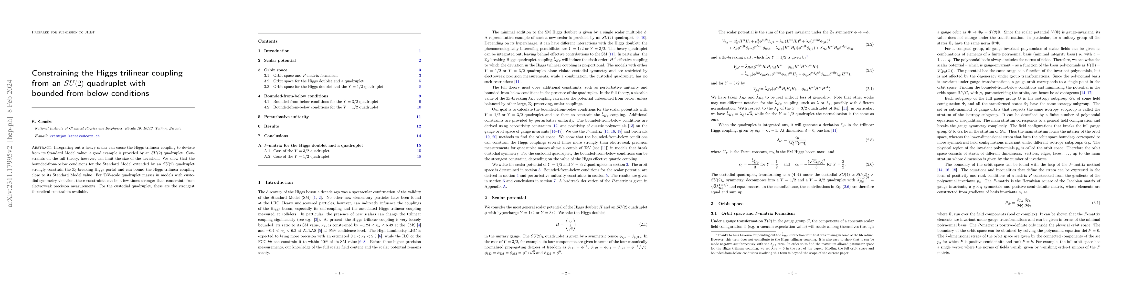 Thumbnail for Constraining the Higgs Trilinear Coupling from an $SU(2)$ Quadruplet
  with Bounded-from-Below Conditions