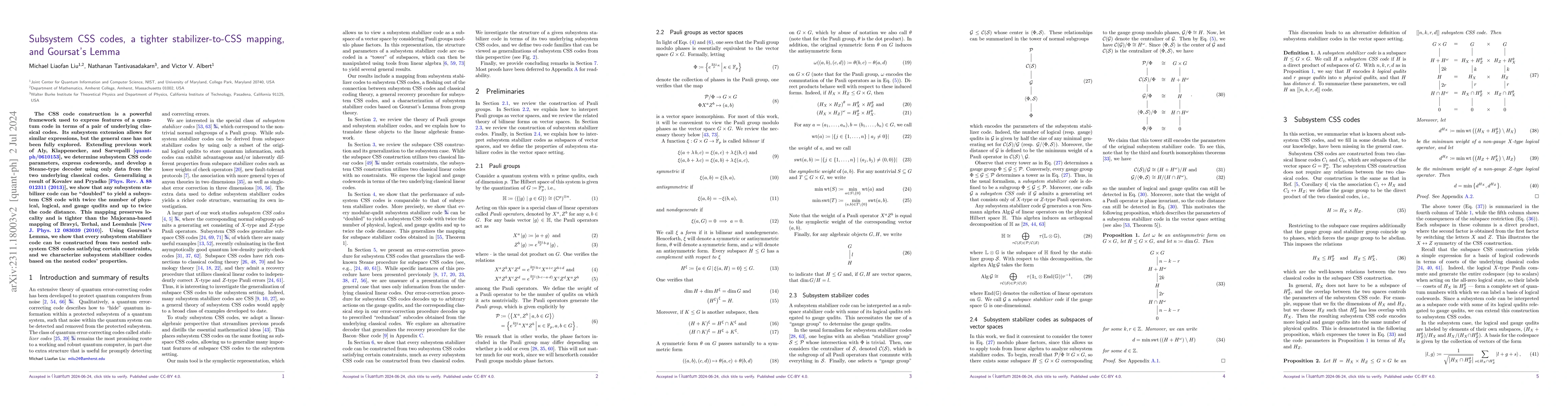 Thumbnail for Subsystem CSS codes, a tighter stabilizer-to-CSS mapping, and Goursat's
  Lemma