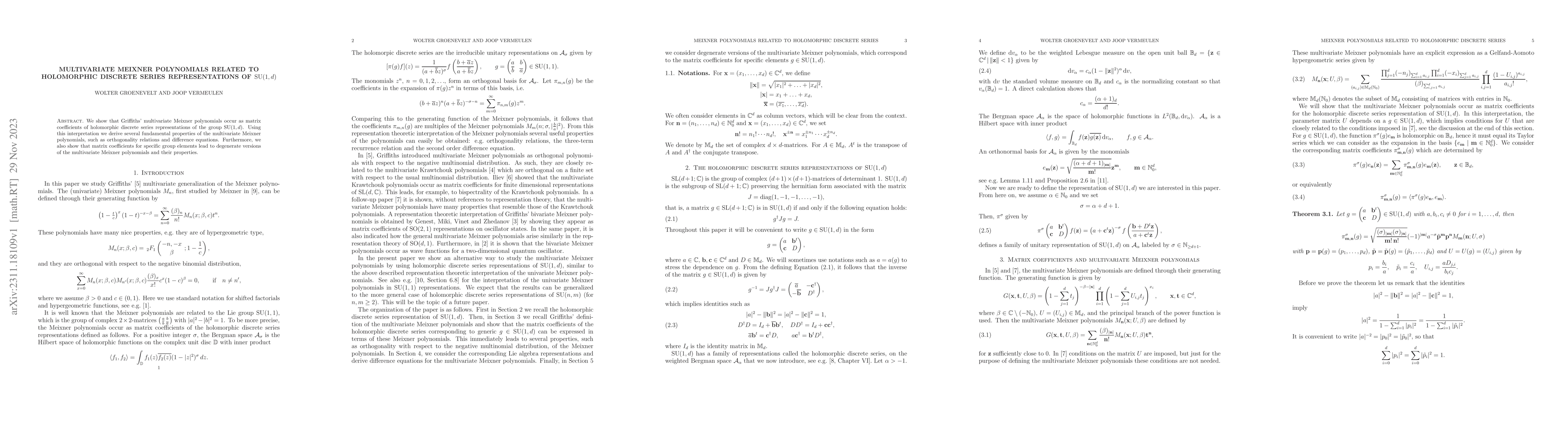 Thumbnail for Multivariate Meixner polynomials related to holomorphic discrete series
  representations of $\mathrm{SU}(1,d)$