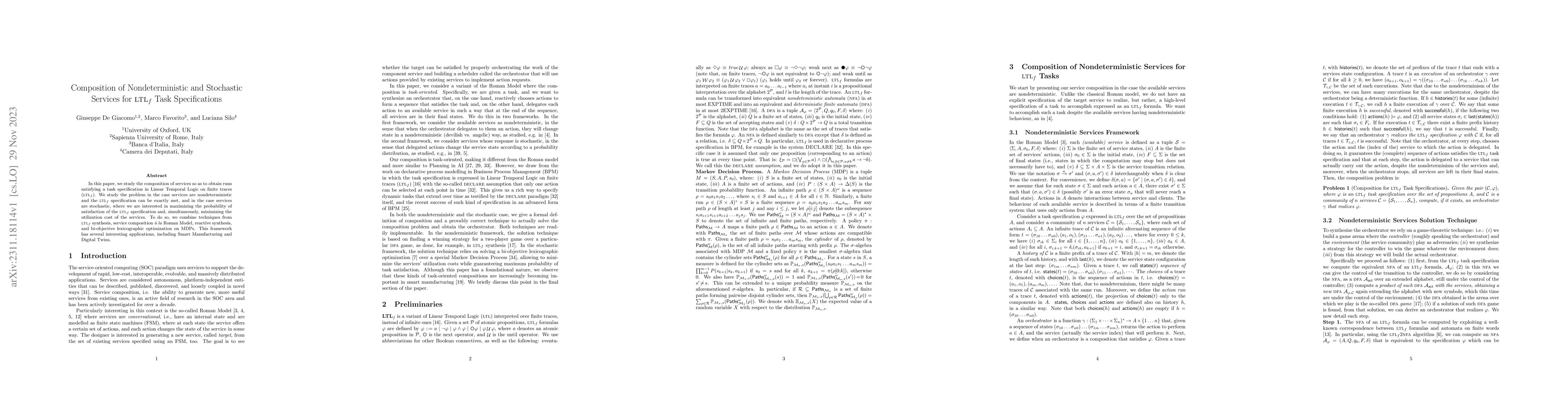 Thumbnail for Composition of Nondeterministic and Stochastic Services for LTLf Task
  Specifications