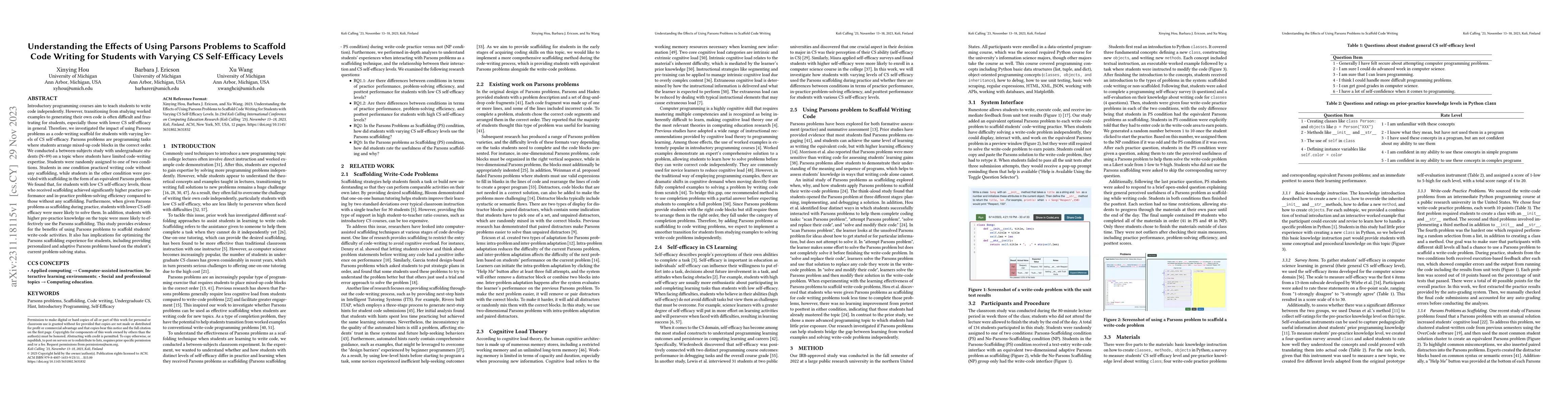 Thumbnail for Understanding the Effects of Using Parsons Problems to Scaffold Code
  Writing for Students with Varying CS Self-Efficacy Levels