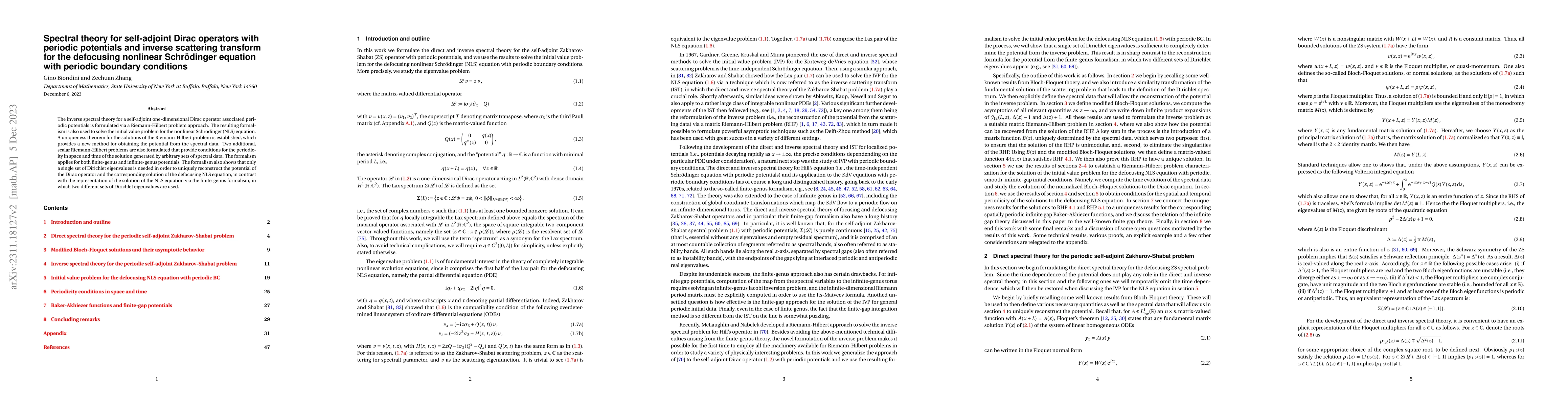 Thumbnail for Spectral theory for self-adjoint Dirac operators with periodic
  potentials and inverse scattering transform for the defocusing nonlinear
  Schroedinger equation with periodic boundary conditions