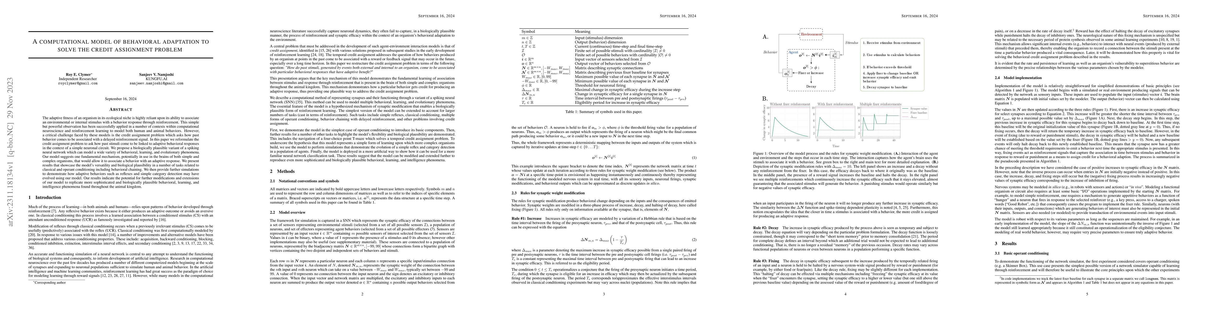 Thumbnail for A computational model of behavioral adaptation to solve the credit
  assignment problem