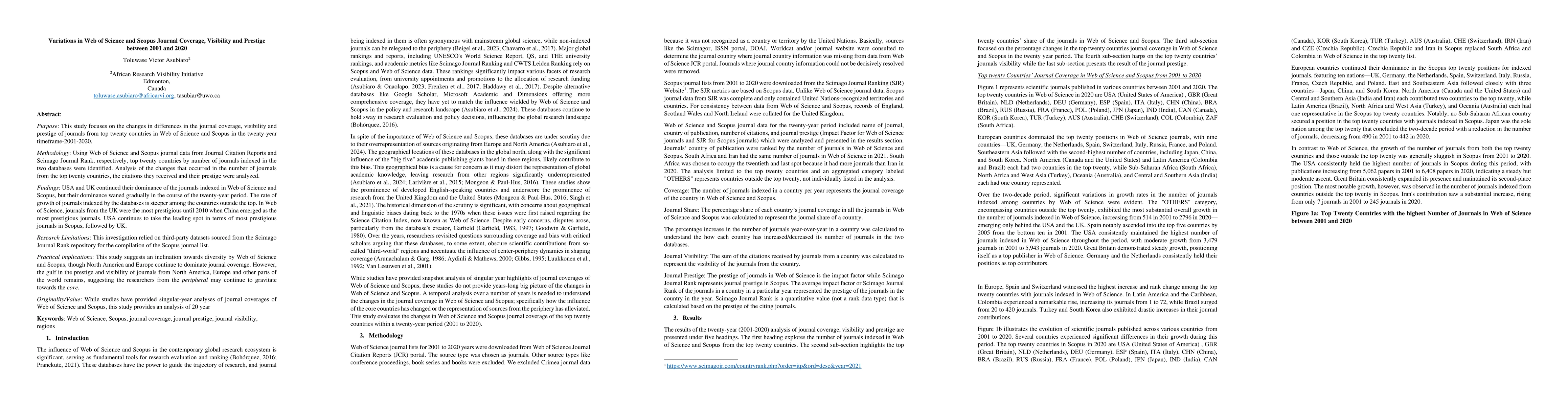 Thumbnail for Variations in Web of Science and Scopus Journal Coverage, Visibility and
  Prestige between 2001 and 2020