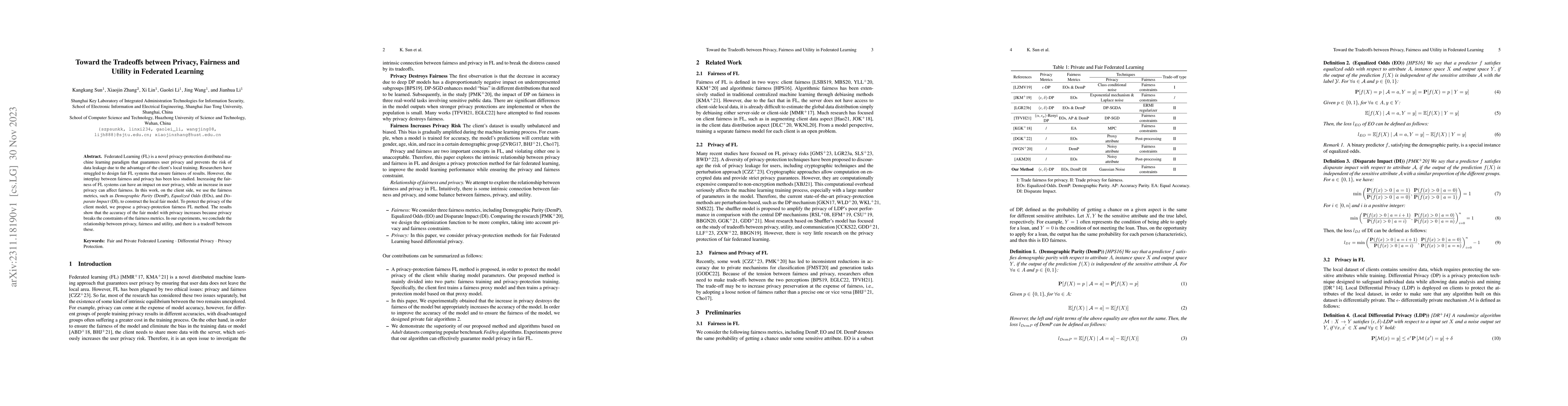 Thumbnail for Toward the Tradeoffs between Privacy, Fairness and Utility in Federated
  Learning
