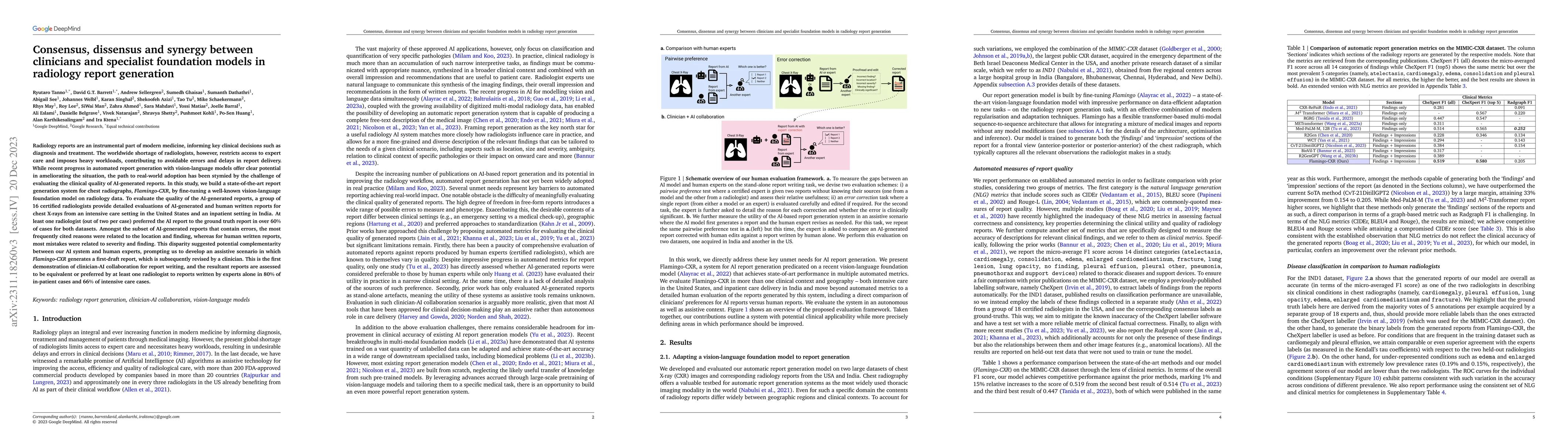 Thumbnail for Consensus, dissensus and synergy between clinicians and specialist
  foundation models in radiology report generation
