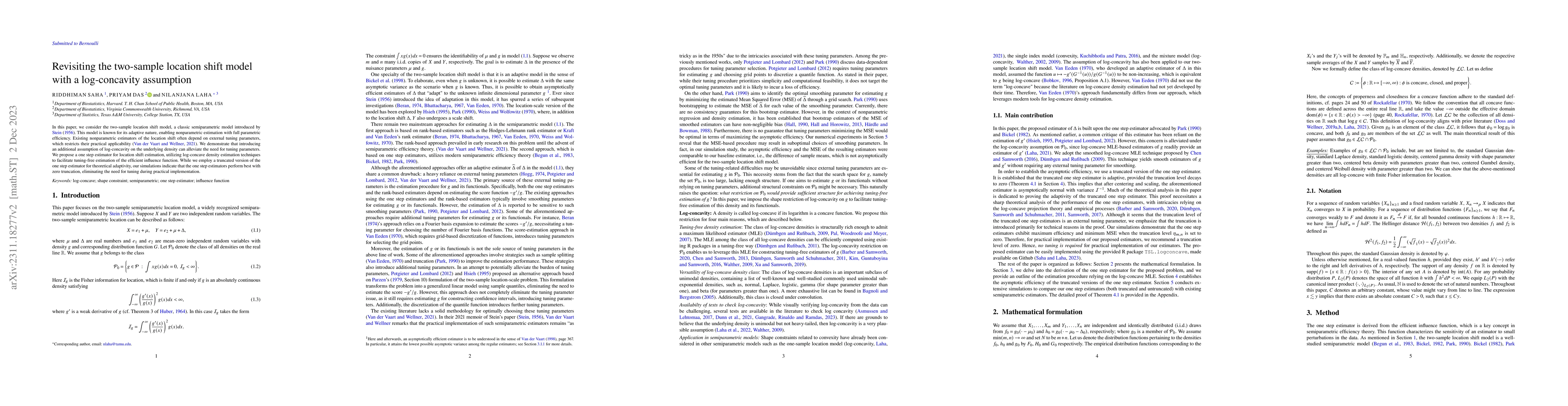 Thumbnail for Revisiting the two-sample location shift model with a log-concavity
  assumption