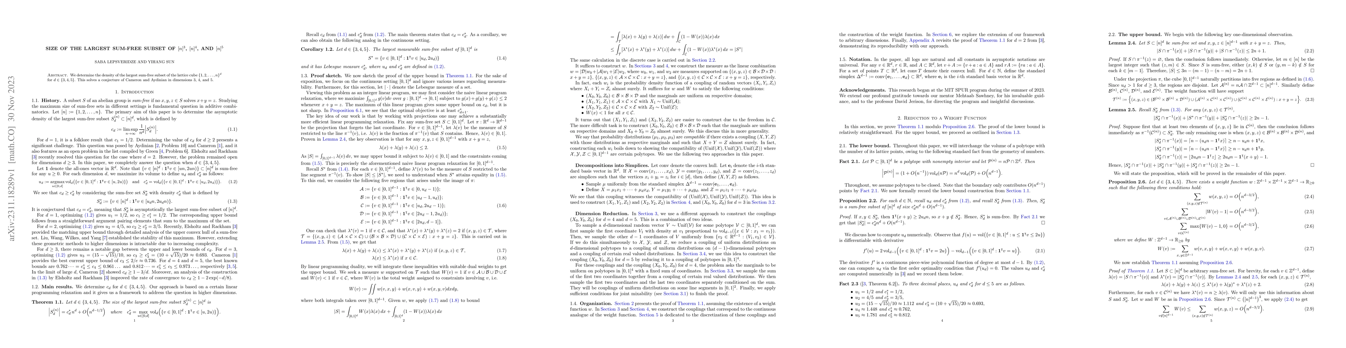 Thumbnail for Size of the largest sum-free subset of $[n]^3$, $[n]^4$, and $[n]^5$