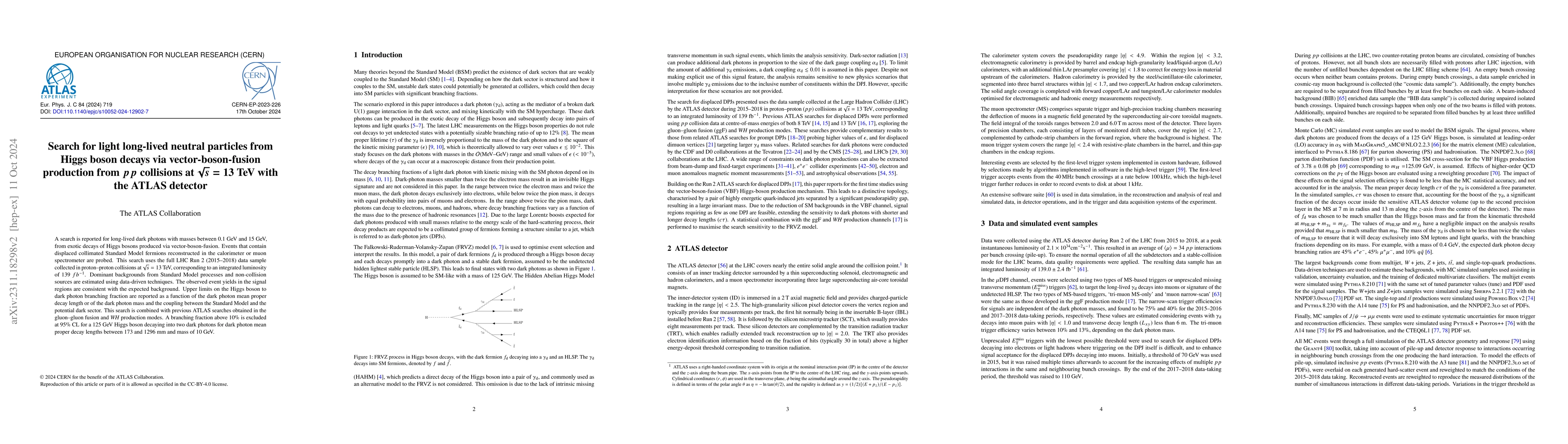 Thumbnail for Search for light long-lived neutral particles from Higgs boson decays
  via vector-boson-fusion production from $pp$ collisions at $\sqrt{s}=13$ TeV
  with the ATLAS detector