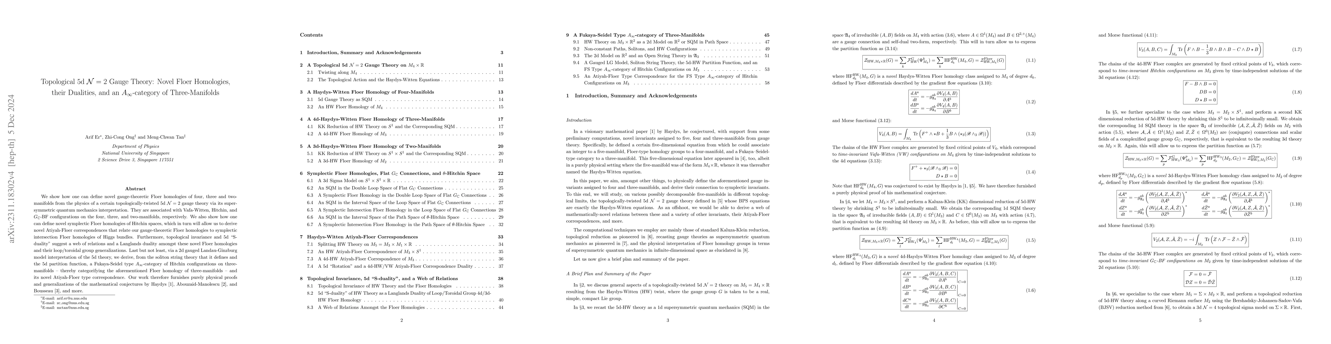 Thumbnail for Topological 5d $\mathcal {N} = 2$ Gauge Theory: Novel Floer Homologies,
  their Dualities, and an $A_\infty$-category of Three-Manifolds