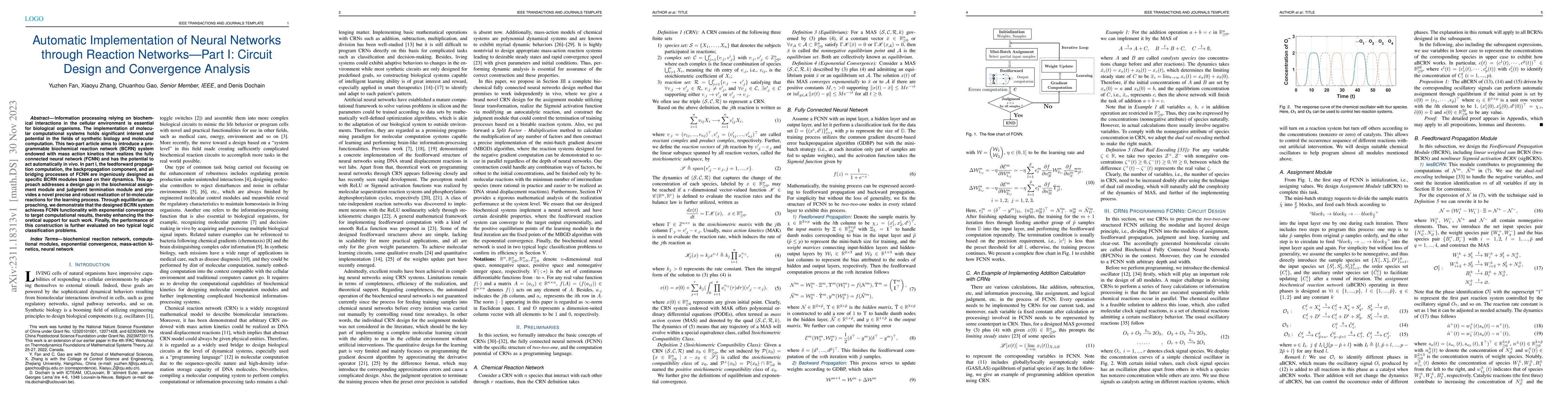 Thumbnail for Automatic Implementation of Neural Networks through Reaction Networks --
  Part I: Circuit Design and Convergence Analysis