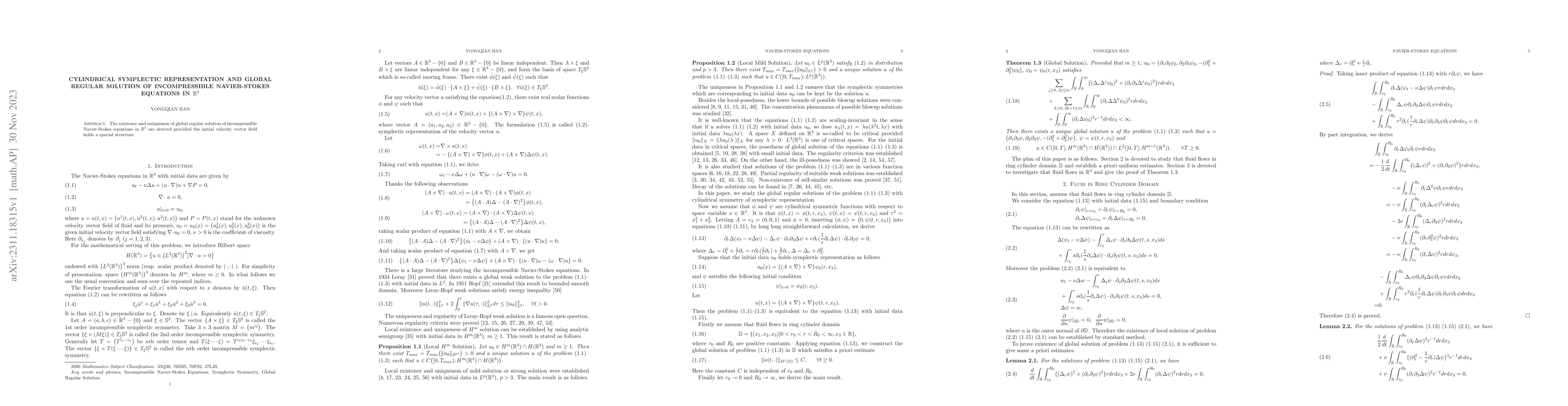 Thumbnail for Cylindrical Symplectic Representation and Global Regular Solution of
  Incompressible Navier-Stokes Equations in $\mathbb{R}^3$