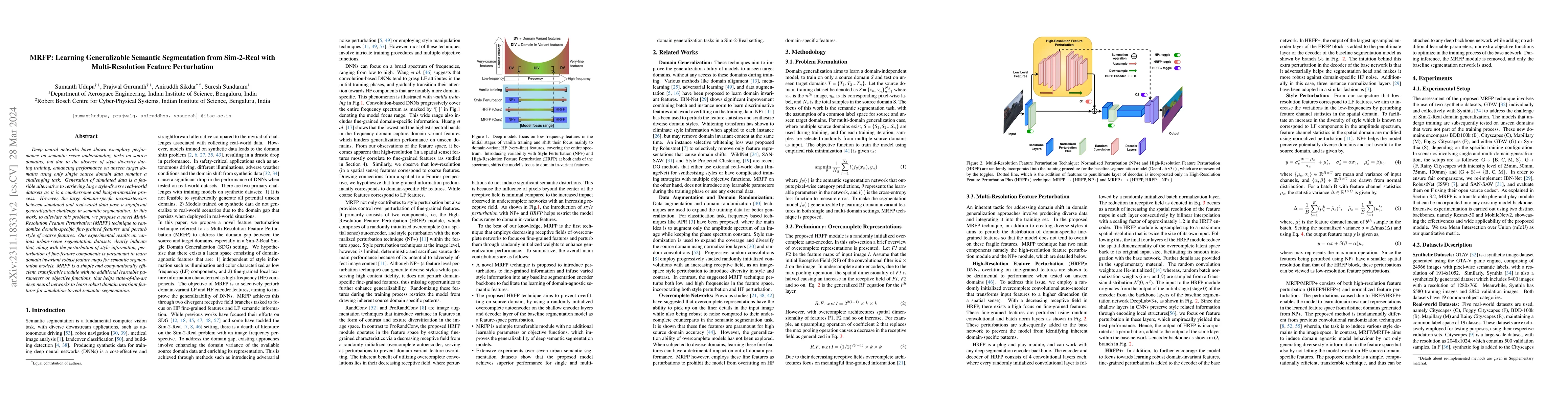 Thumbnail for MRFP: Learning Generalizable Semantic Segmentation from Sim-2-Real with
  Multi-Resolution Feature Perturbation