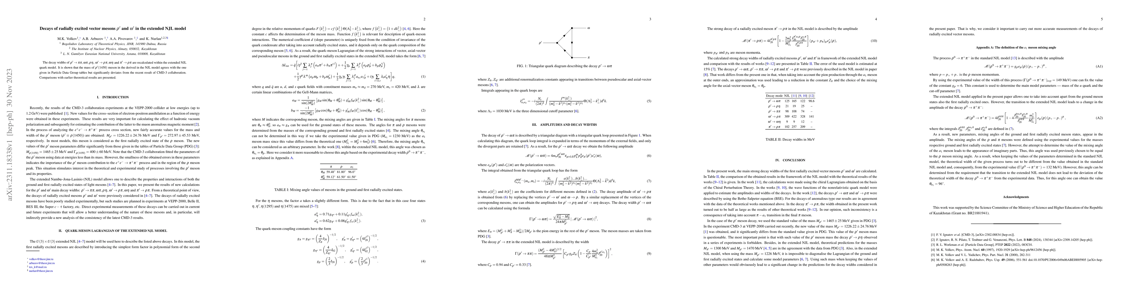 Thumbnail for Decays of radially excited vector mesons $\rho'$ and $\omega'$ in the
  extended NJL model
