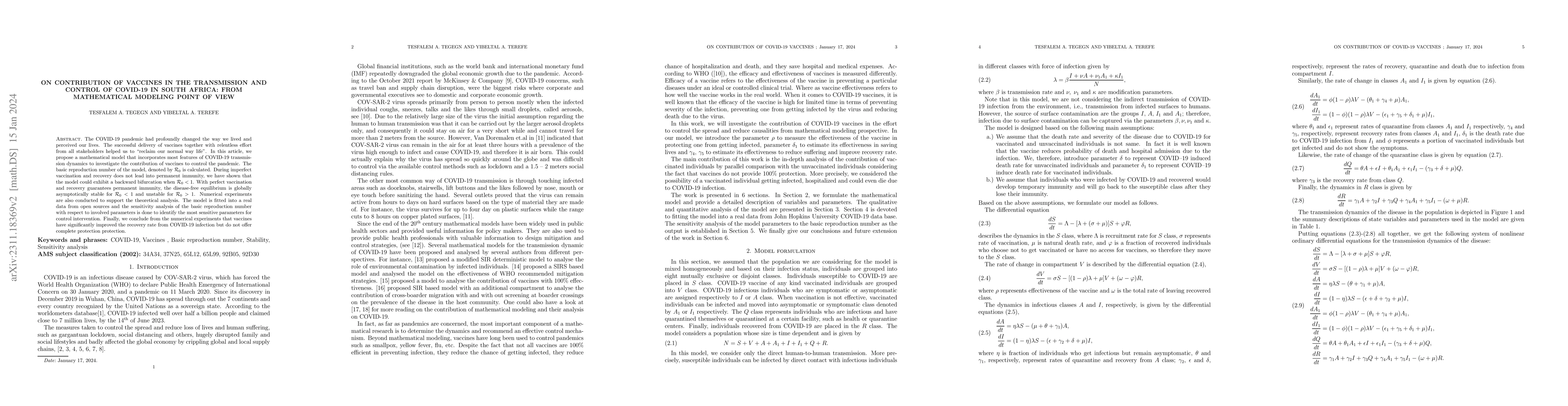 Thumbnail for On Contribution of Vaccines in the Transmission and Control of COVID-19
  in South Africa: from mathematical modeling point of view