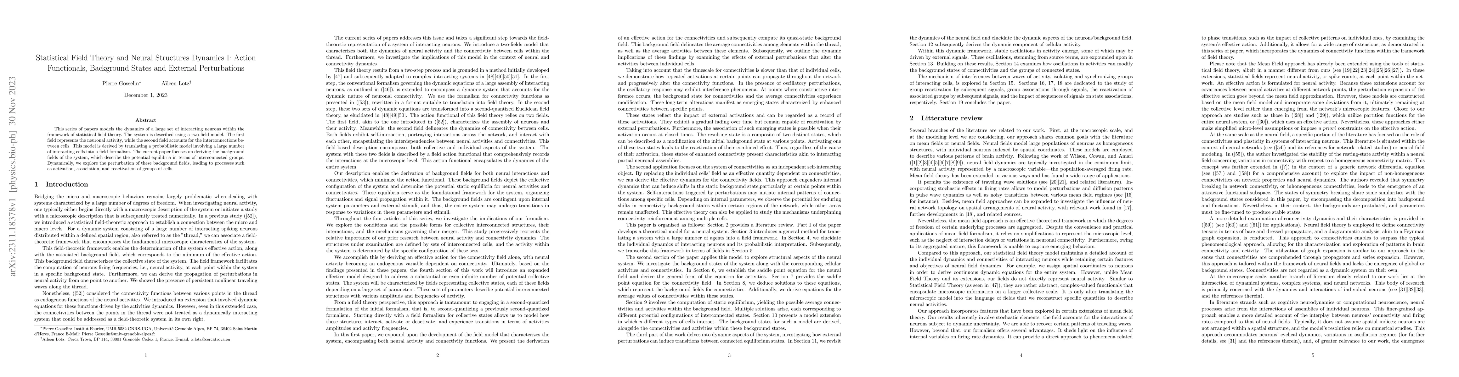 Thumbnail for Statistical Field Theory and Neural Structures Dynamics I: Action
  Functionals, Background States and External Perturbations