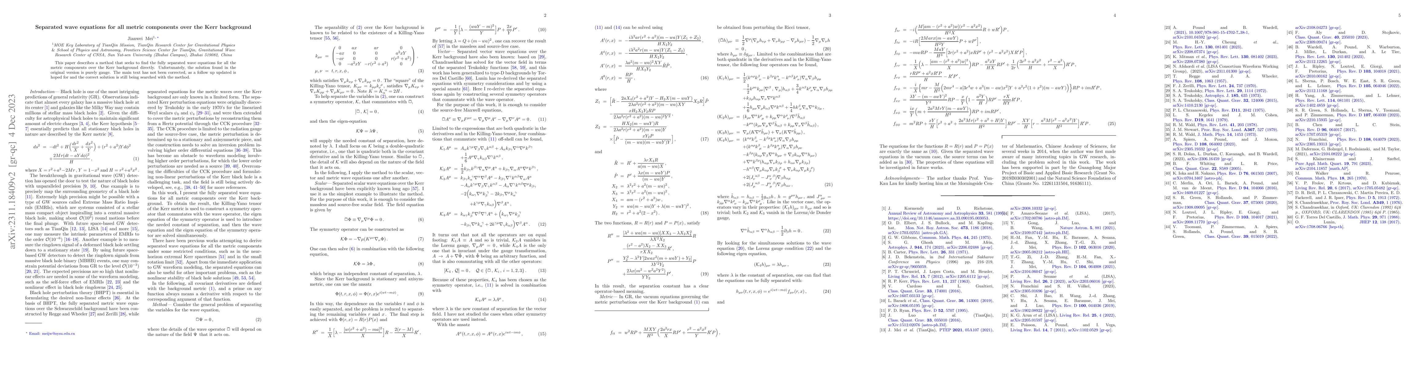 Thumbnail for Separated wave equations for all metric components over the Kerr
  background