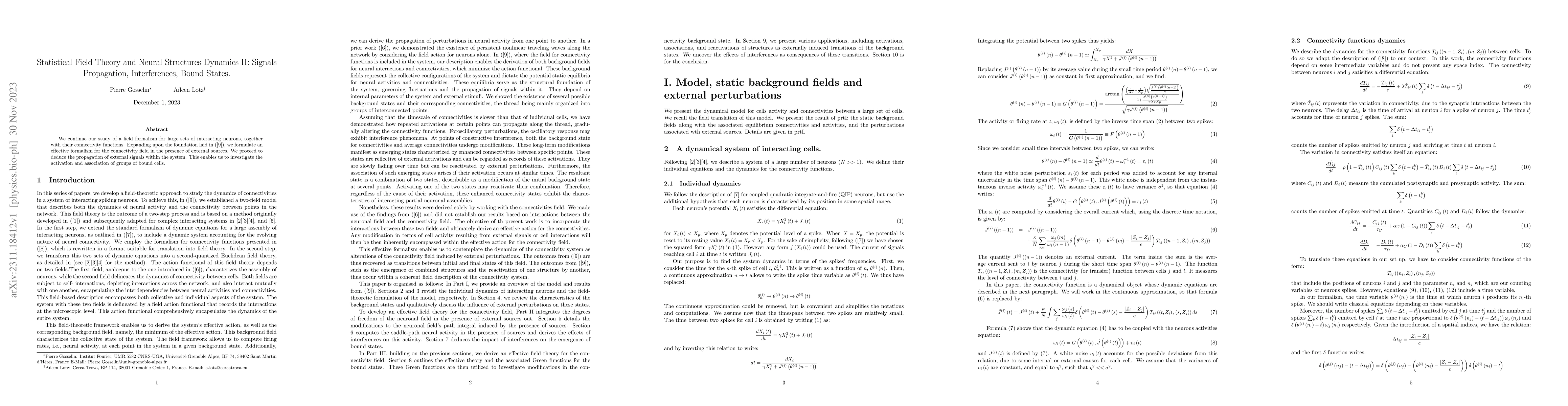 Thumbnail for Statistical Field Theory and Neural Structures Dynamics II: Signals
  Propagation, Interferences, Bound States