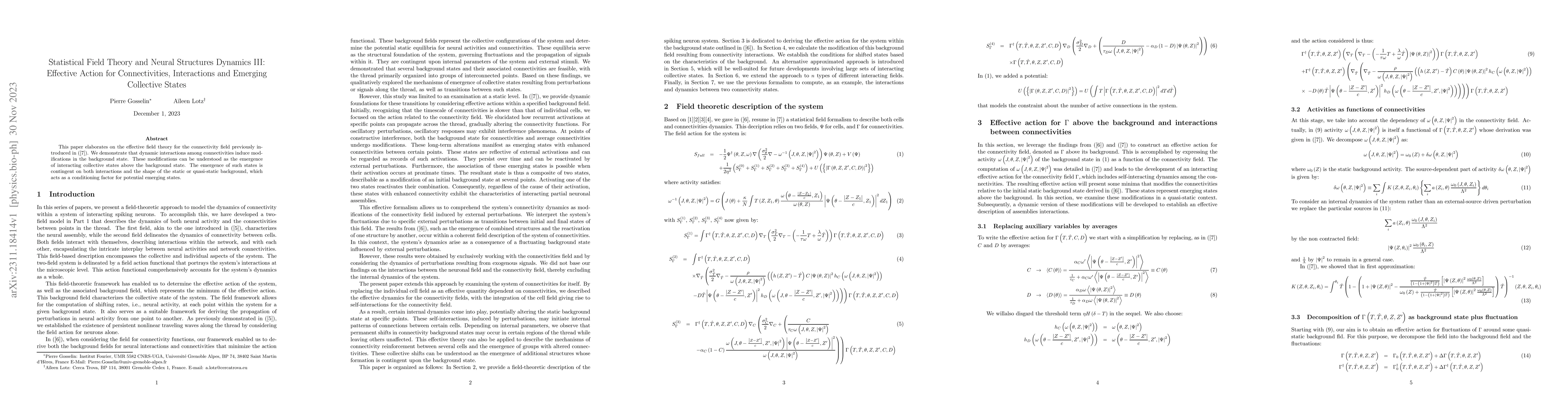 Thumbnail for Statistical Field Theory and Neural Structures Dynamics III: Effective
  Action for Connectivities, Interactions and Emerging Collective States