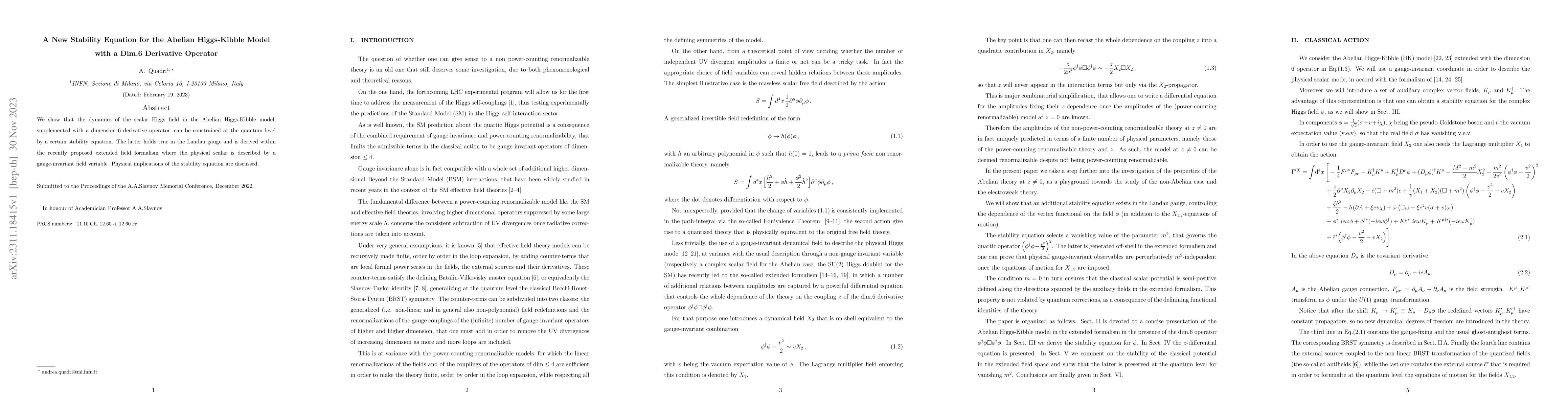 Thumbnail for A New Stability Equation for the Abelian Higgs-Kibble Model with a Dim.6
  Derivative Operator