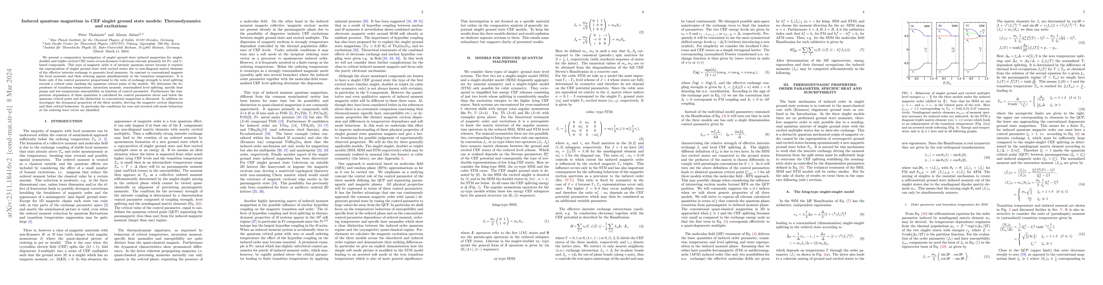 Thumbnail for Induced quantum magnetism in CEF singlet ground state models:
  Thermodynamics and excitations