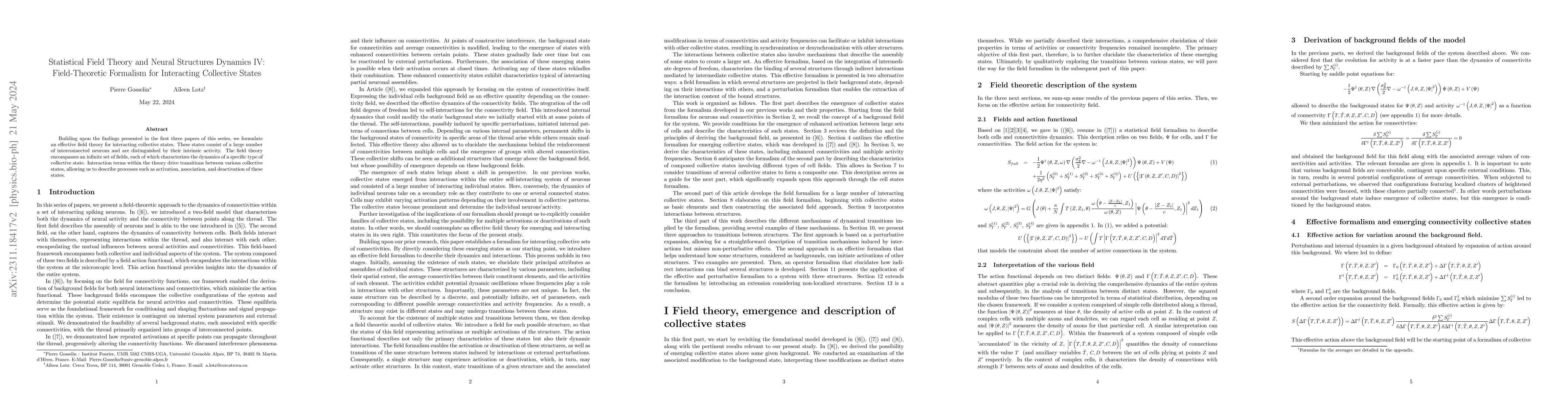 Thumbnail for Statistical Field Theory and Neural Structures Dynamics IV:
  Field-Theoretic Formalism for Interacting Collective States