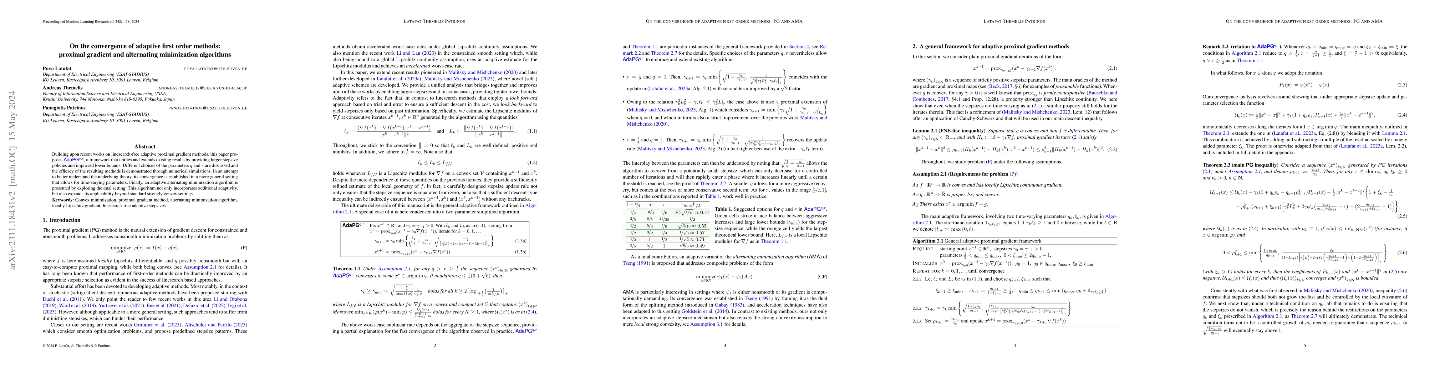 Thumbnail for On the convergence of adaptive first order methods: proximal gradient
  and alternating minimization algorithms