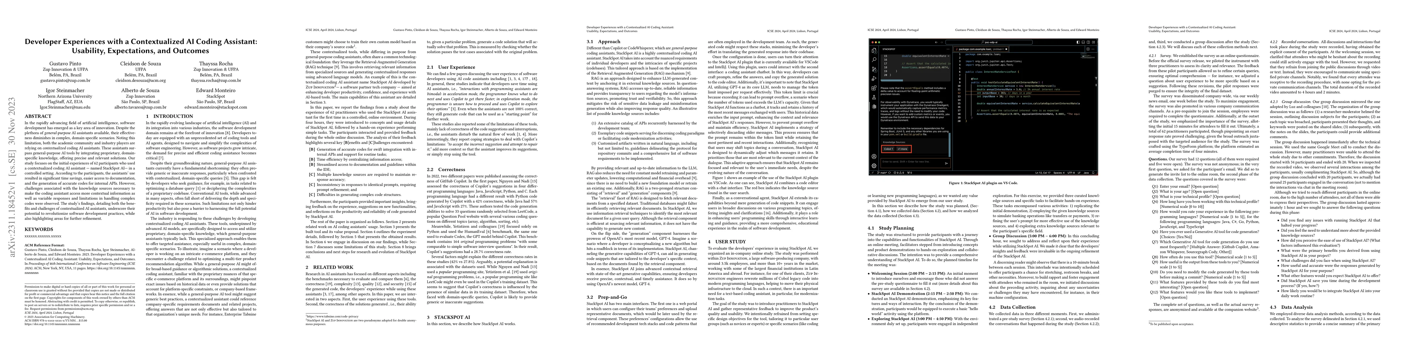Thumbnail for Developer Experiences with a Contextualized AI Coding Assistant:
  Usability, Expectations, and Outcomes