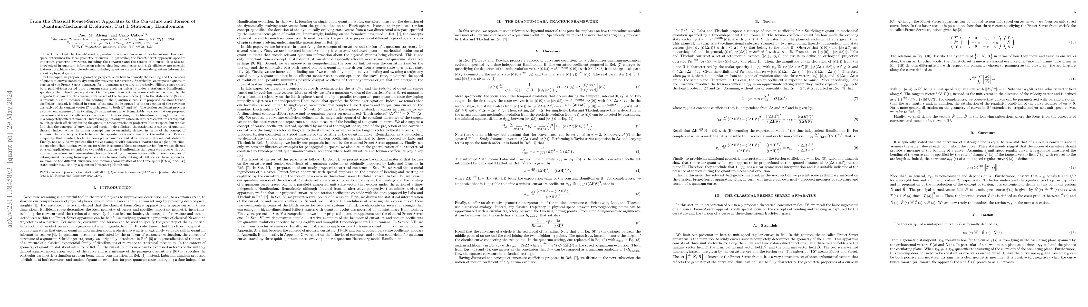 Thumbnail for From the classical Frenet-Serret apparatus to the curvature and torsion
  of quantum-mechanical evolutions. Part I. Stationary Hamiltonians