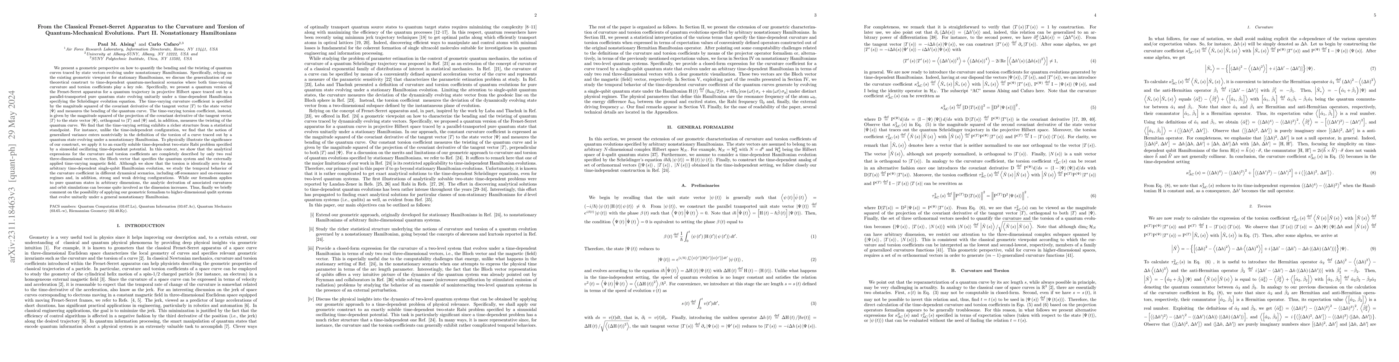 Thumbnail for From the classical Frenet-Serret apparatus to the curvature and torsion
  of quantum-mechanical evolutions. Part II. Nonstationary Hamiltonians