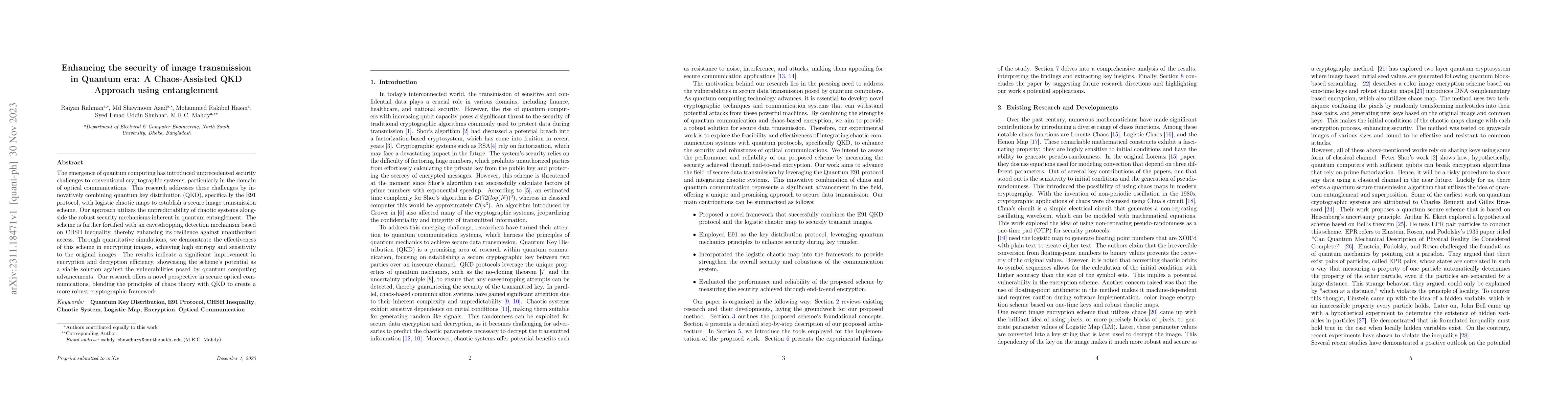 Thumbnail for Enhancing the security of image transmission in Quantum era: A
  Chaos-Assisted QKD Approach using entanglement