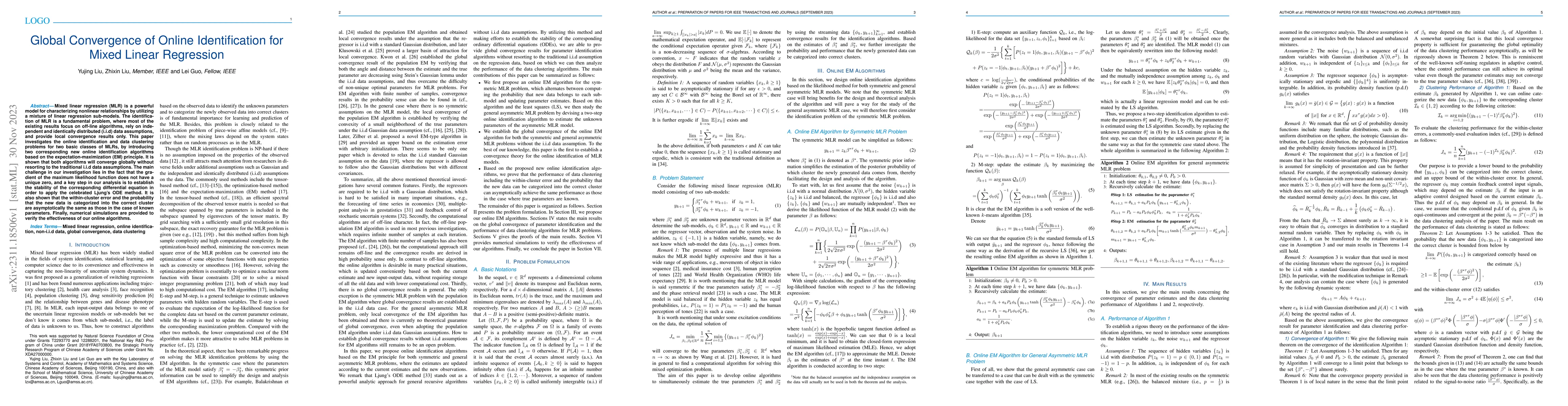 Thumbnail for Global Convergence of Online Identification for Mixed Linear Regression