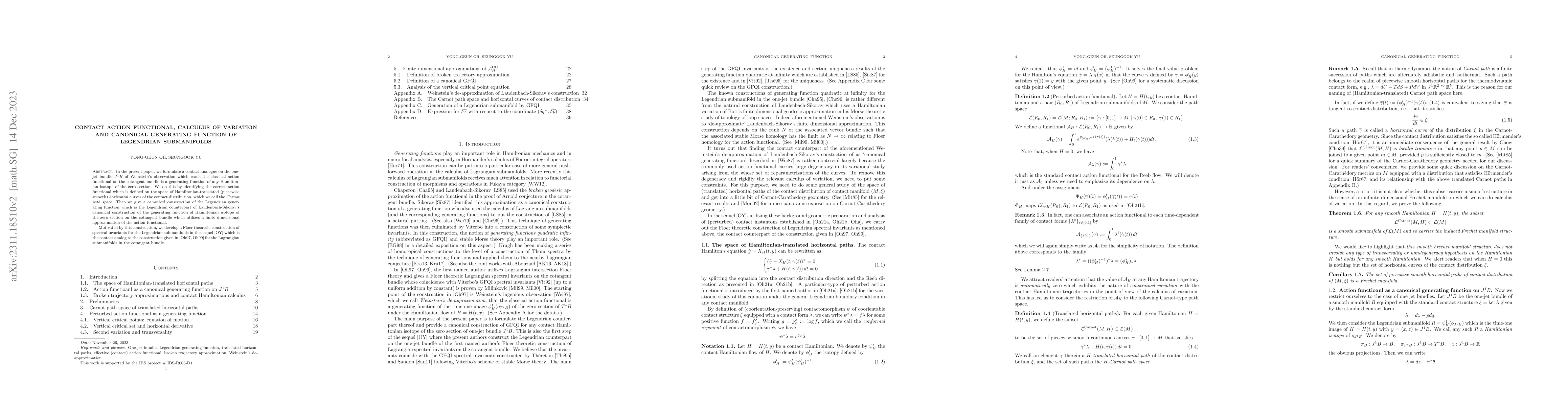 Thumbnail for Contact action functional, calculus of variation and canonical
  generating function of Legendrian submanifolds
