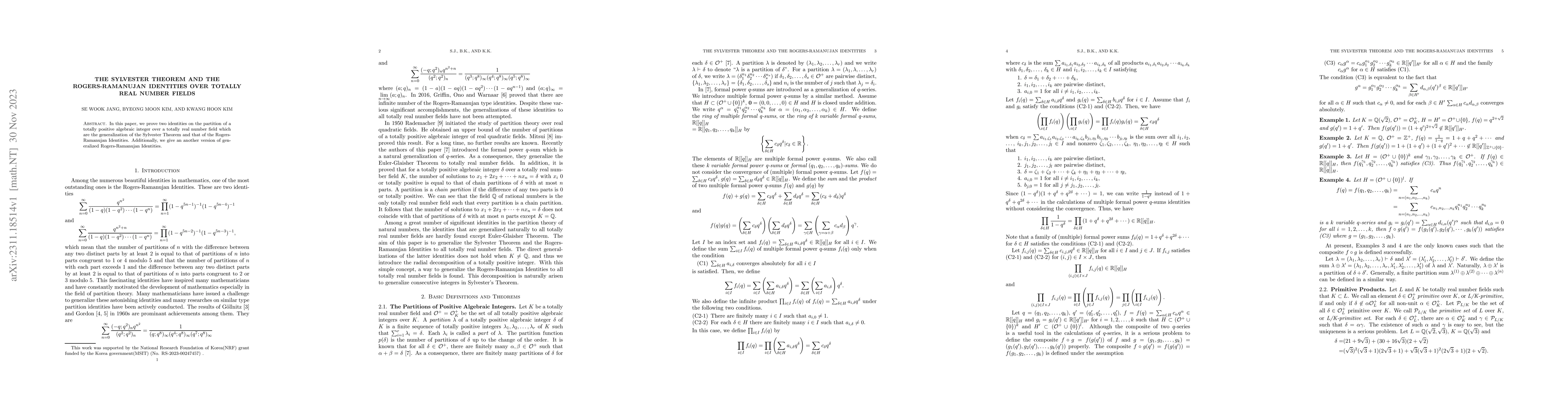 Thumbnail for The Sylvester Theorem and the Rogers-Ramanujan Identities over Totally
  Real Number Fields
