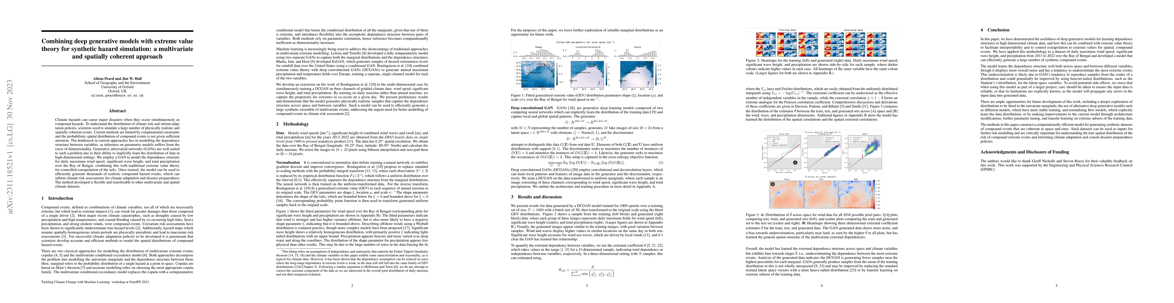 Thumbnail for Combining deep generative models with extreme value theory for synthetic
  hazard simulation: a multivariate and spatially coherent approach