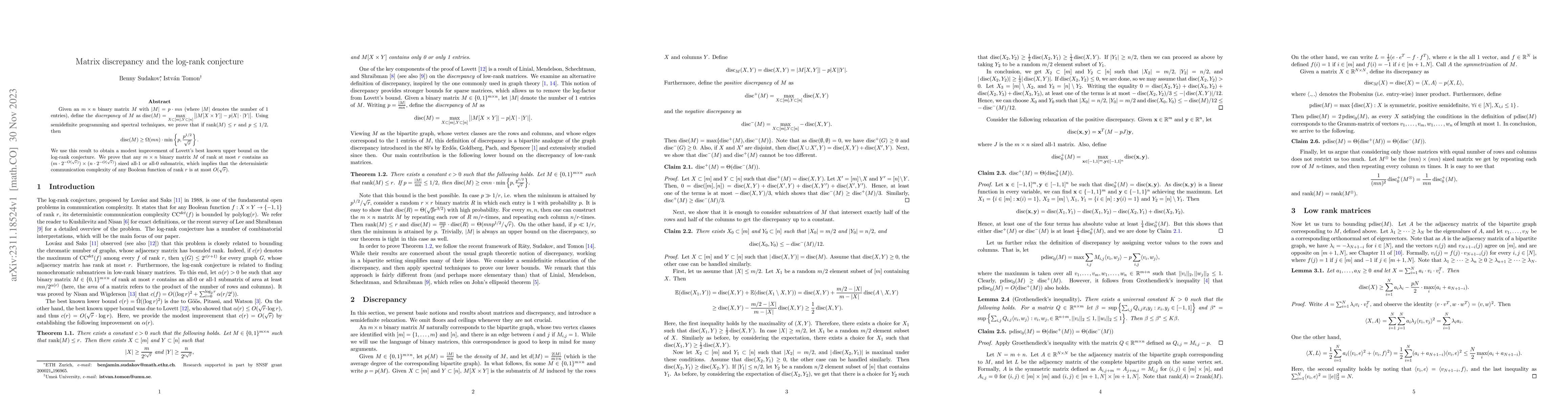 Thumbnail for Matrix discrepancy and the log-rank conjecture