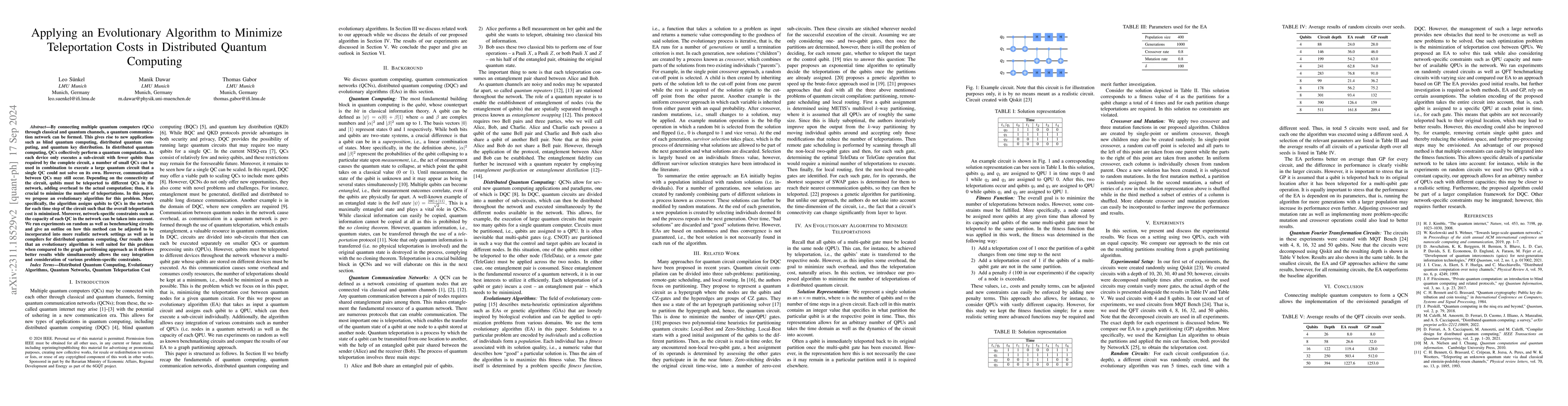 Thumbnail for Applying an Evolutionary Algorithm to Minimize Teleportation Costs in
  Distributed Quantum Computing