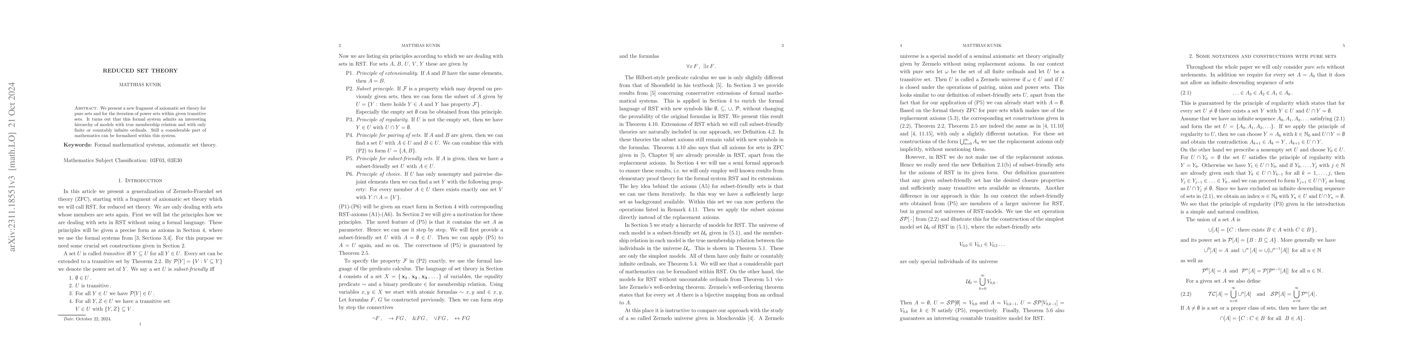 Thumbnail for Reduced Set Theory