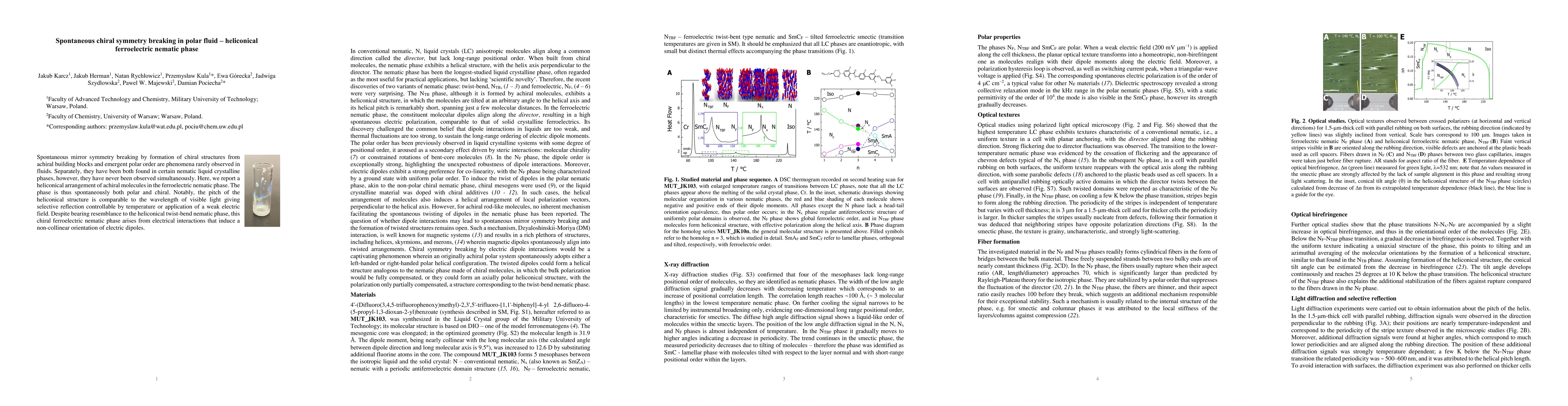 Thumbnail for Spontaneous polar and chiral symmetry breaking in ordered fluids --
  heliconical ferroelectric nematic phases