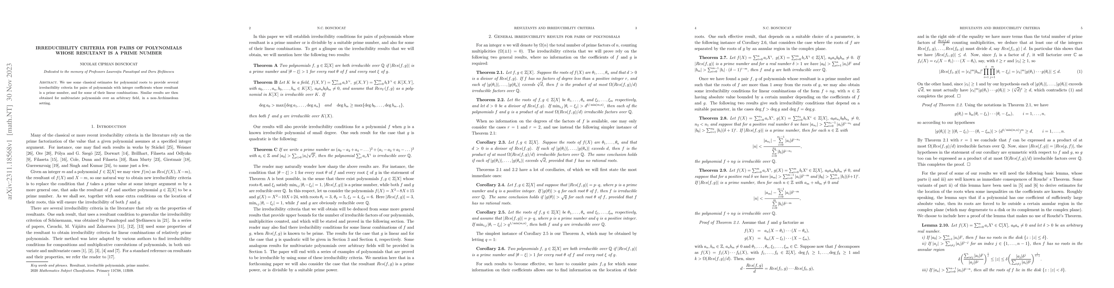 Thumbnail for Irreducibility criteria for pairs of polynomials whose resultant is a
  prime number