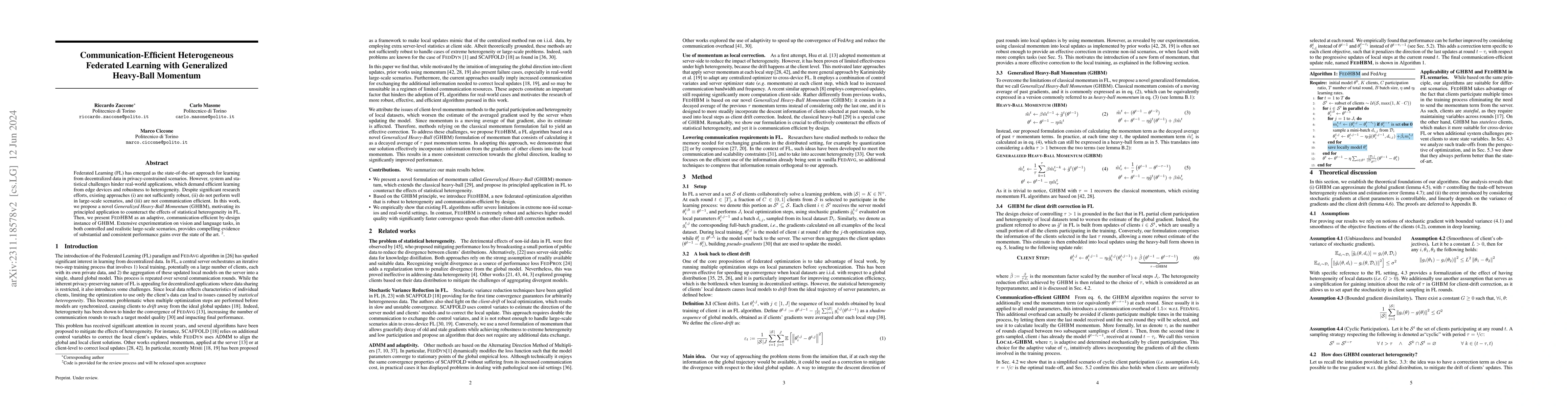 Thumbnail for Communication-Efficient Heterogeneous Federated Learning with
  Generalized Heavy-Ball Momentum