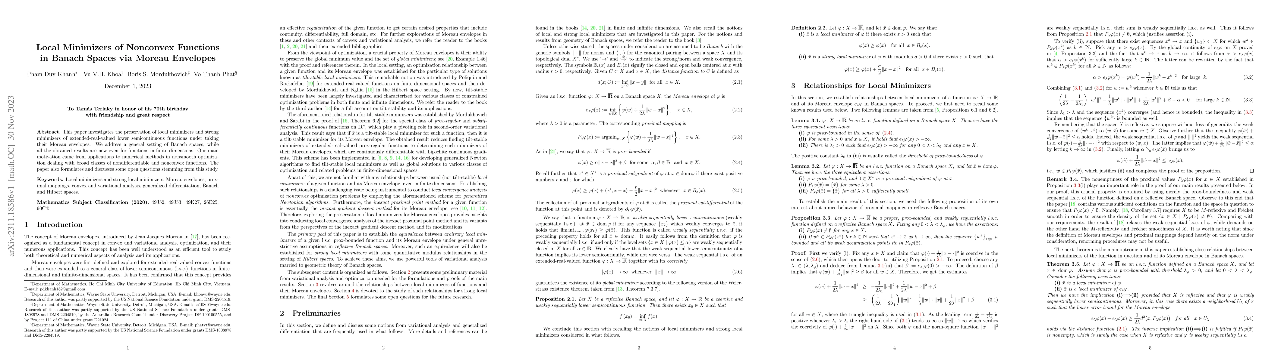 Thumbnail for Local Minimizers of Nonconvex Functions in Banach Spaces via Moreau
  Envelopes