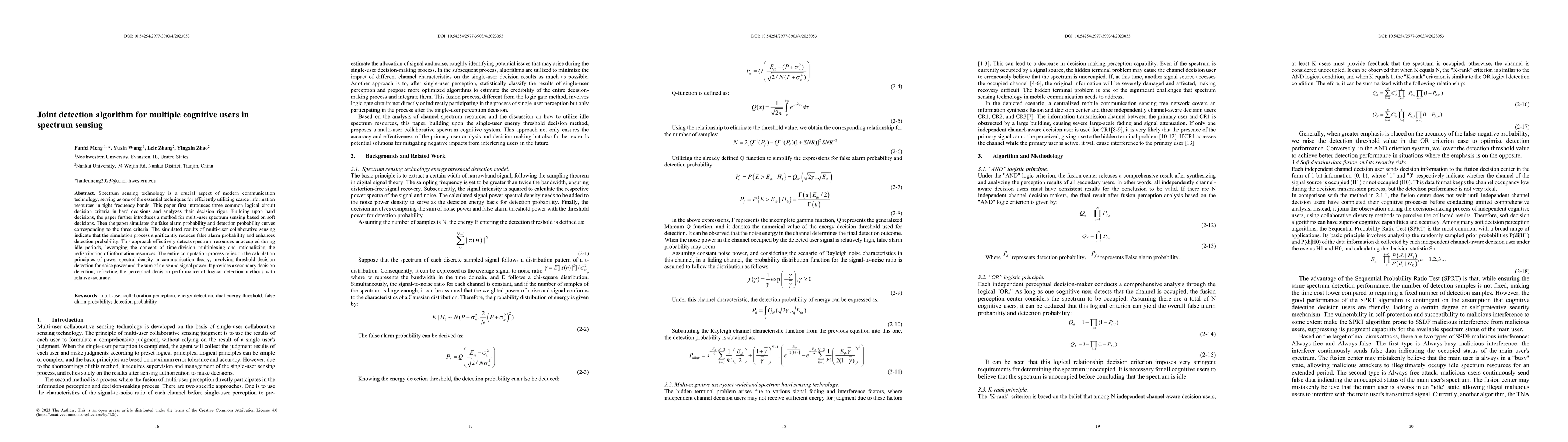 Thumbnail for Joint Detection Algorithm for Multiple Cognitive Users in Spectrum
  Sensing