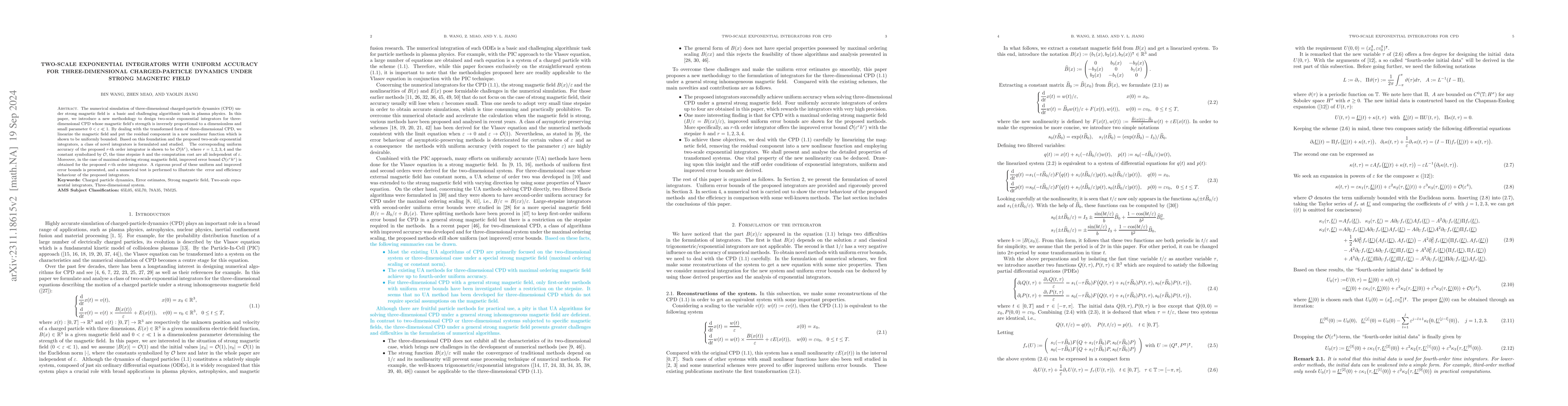 Thumbnail for Two-scale exponential integrators with uniform accuracy for
  three-dimensional charged-particle dynamics under strong magnetic field