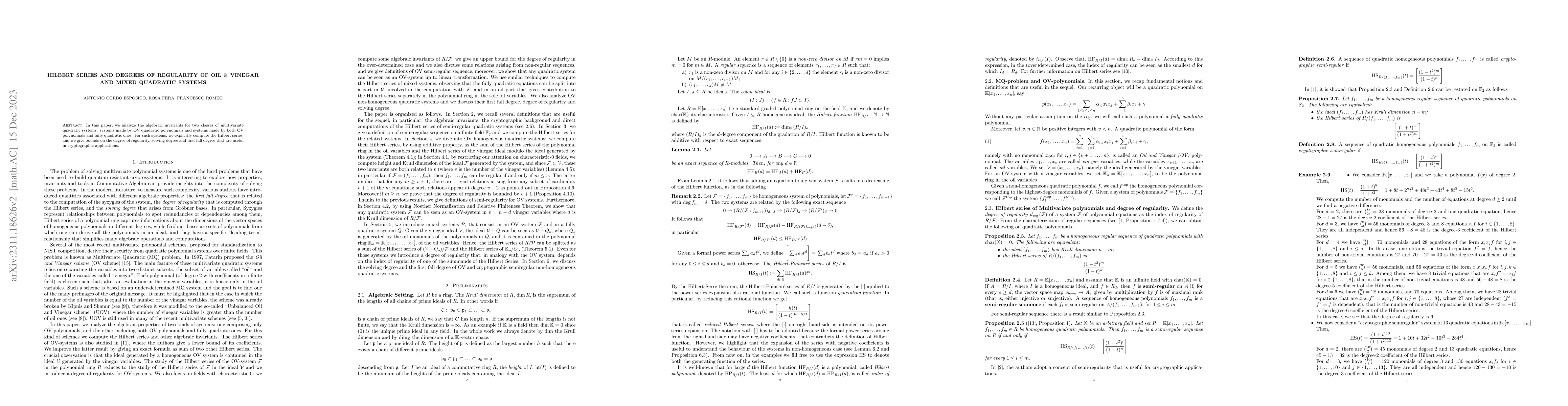 Thumbnail for Hilbert series and degrees of regularity of Oil $\&$ Vinegar and Mixed
  quadratic systems