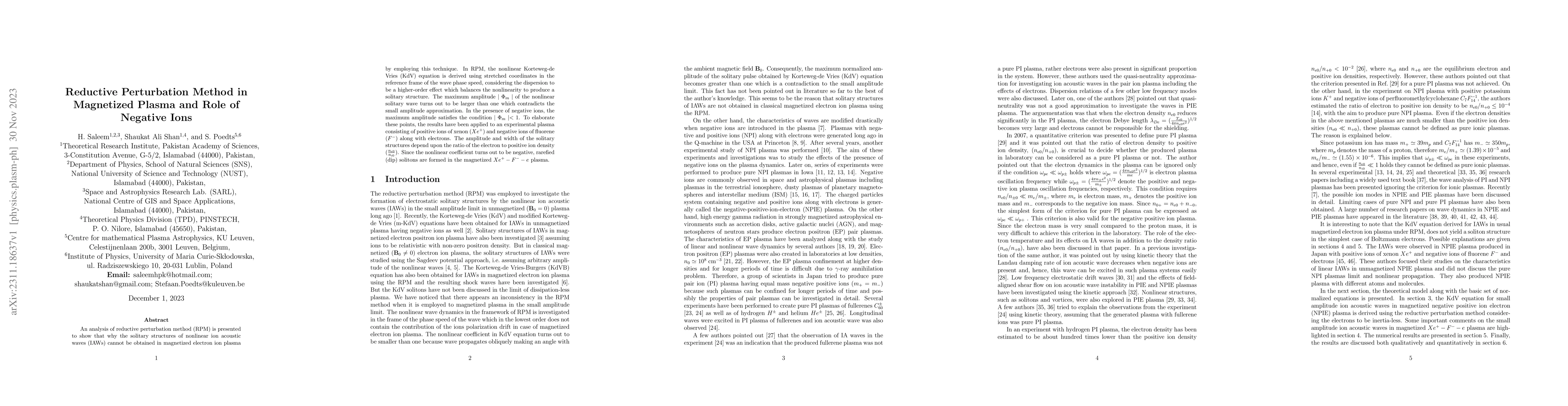 Thumbnail for Reductive Perturbation Method in Magnetized Plasma and Role of Negative
  Ions